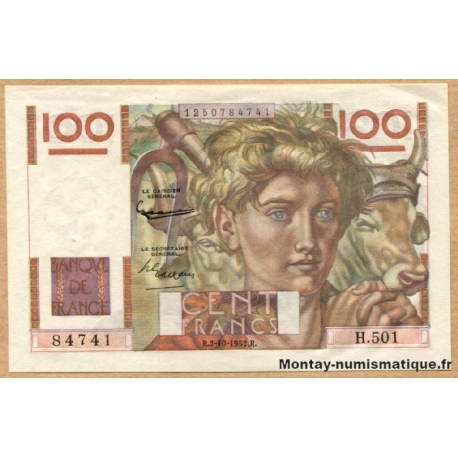100 Francs Paysan  2-10-1952  Filigrane inversé 