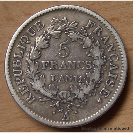 5 Francs Union et Force AN 11 A sans barre au dessus de la date .