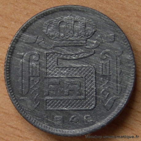 Belgique 5 Francs 1946 zinc légende Française