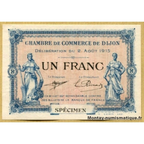 DIJON (21) 1 Franc spécimen 2 Aout 1915