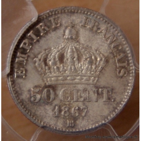 50 Centimes Napoléon III  1867 BB Strasbourg, tête laurée.