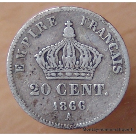 20 Centimes Napoléon III tête laurée 1866 A Paris