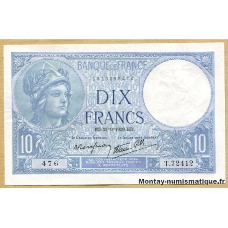 10 Francs Minerve 21-9-1939