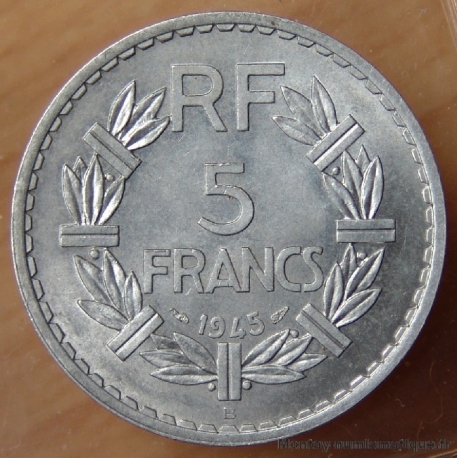 5 Francs Lavrillier 1945 B Beaumont-Le-Roger aluminium