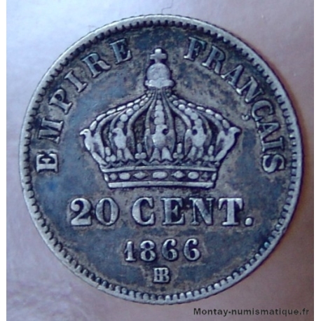 20 Centimes 1866 BB Strasbourg Napoléon III tête laurée