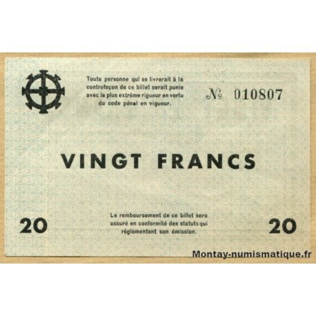 Mulhouse (68) 20 Francs 17 juin 1940 sans série petite signature, sans armoiries.