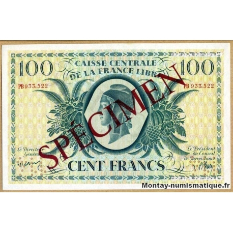 100 Francs SPECIMEN Caisse centrale France Libre 1941