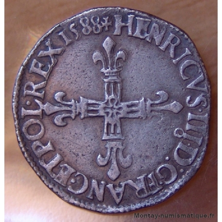 Henri III Quart Ecu croix de face 1588 Rennes