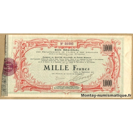 Aisne (02) et Ardennes (08) - Bon régional de 1000 Francs 1915