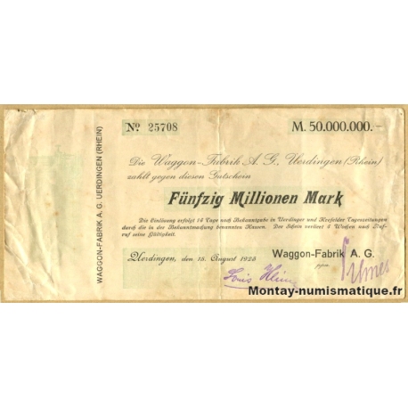 Allemagne - 50 million de Mark 1923  Uerdingen Waggon-Fabrik