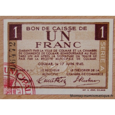 COLMAR (68) Bon de Caisse de 1 Franc 17 juin 1940