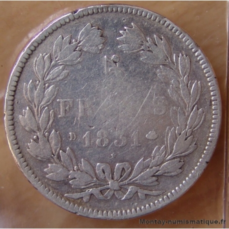 5 Francs Louis Philippe 1831 D Lyon tranche en creux