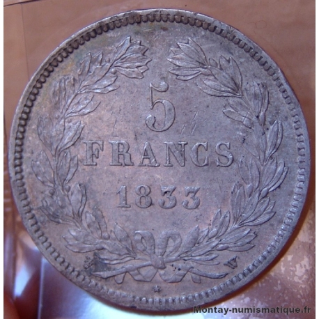 5 Francs Louis Philippe 1833 W Lille, tête laurée.
