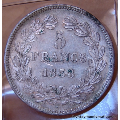 5 Francs Louis Philippe 1838 W Lille, tête laurée.