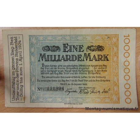 Allemagne - 1 milliard de Mark Trier - Trèves 10-10-1923