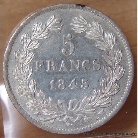 5 Francs Louis Philippe 1843 W, tête laurée.