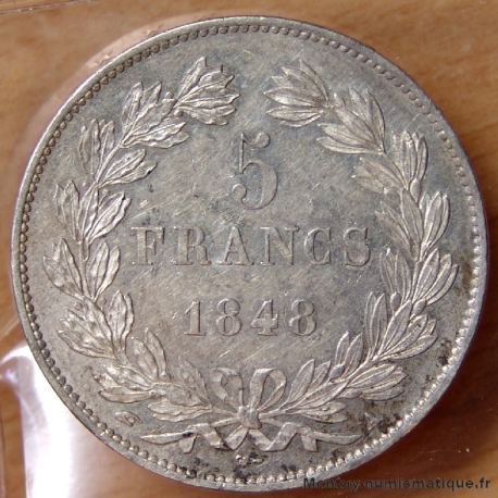 5 Francs Louis Philippe 1848 A Paris, tête laurée. 