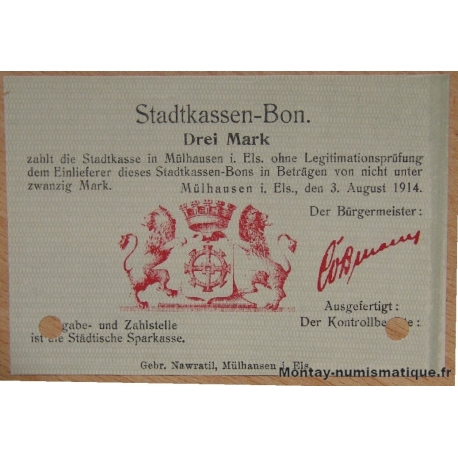 Allemagne - Mülhausen (Mulhouse) 3 mark Stadtkassen-Bon 3-08-1914
