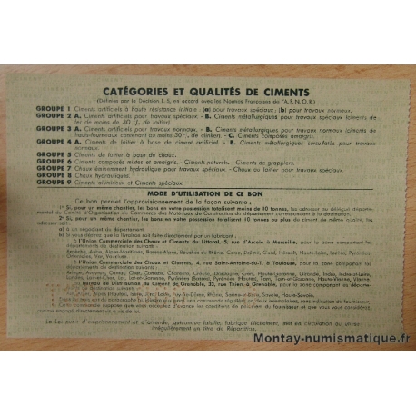O.C.R.P.I - Bon pour Cents Kilogs de ciment Octobre 1942