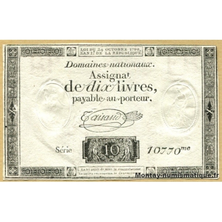 Assignat 10 livres filigrane Républicain 1792 Série 10770