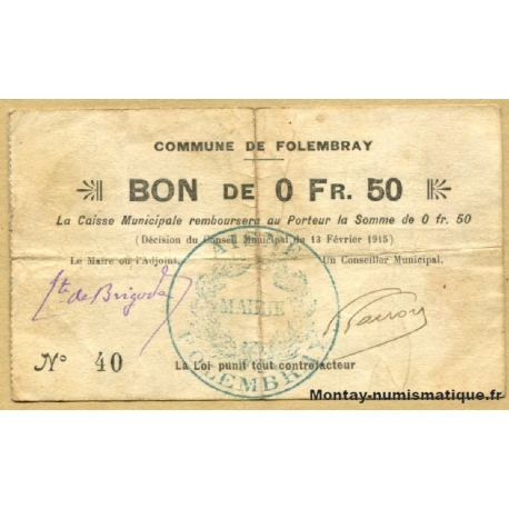 Folembray (02) Bon de 0.50 FR 13/2/1915