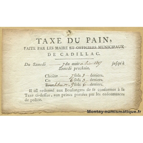 Bon de Taxe du Pain , Maire de Cadillac (33- Gironde ) 7 juin 1817 