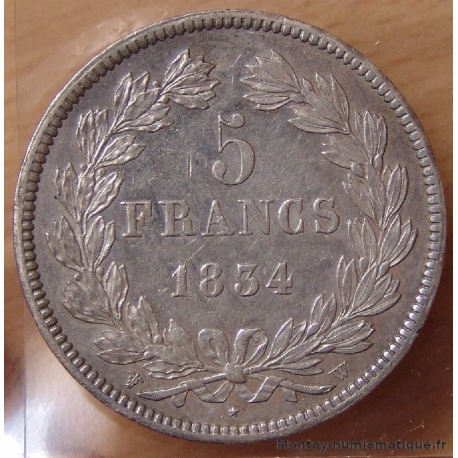 5 Francs Louis Philippe I 1834 W Lille , tête laurée  