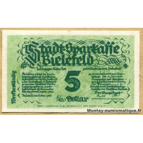 Allemagne - Bielefeld 5 Goldenpfennig ou 5/420 Dollar 8-11-1923