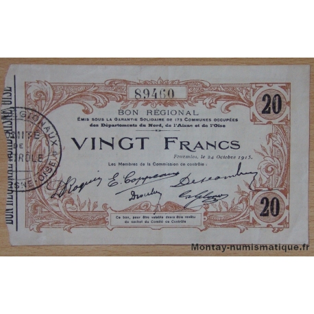 Bon régional - 20 Francs 24-10-1915 Département Nord Aisne et Oise 