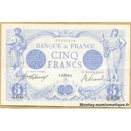 5 Francs Bleu 21 Août 1912 Q.828