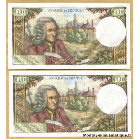 10 Francs Voltaire 8-11-1973 W.916 paire n° consécutifs
