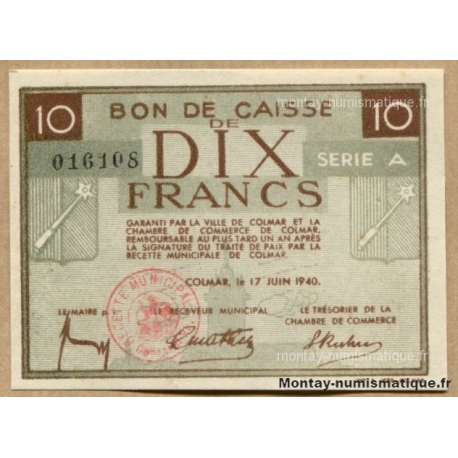 COLMAR (68) Bon de Caisse de 10 Francs JUIN 1940