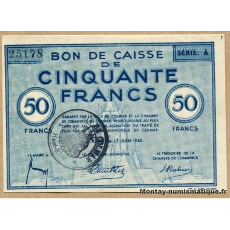 COLMAR (68) Bon de Caisse de 50 Francs JUIN 1940