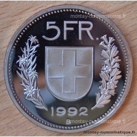Suisse 5 Francs 1992 B Berne flan bruni -Proof